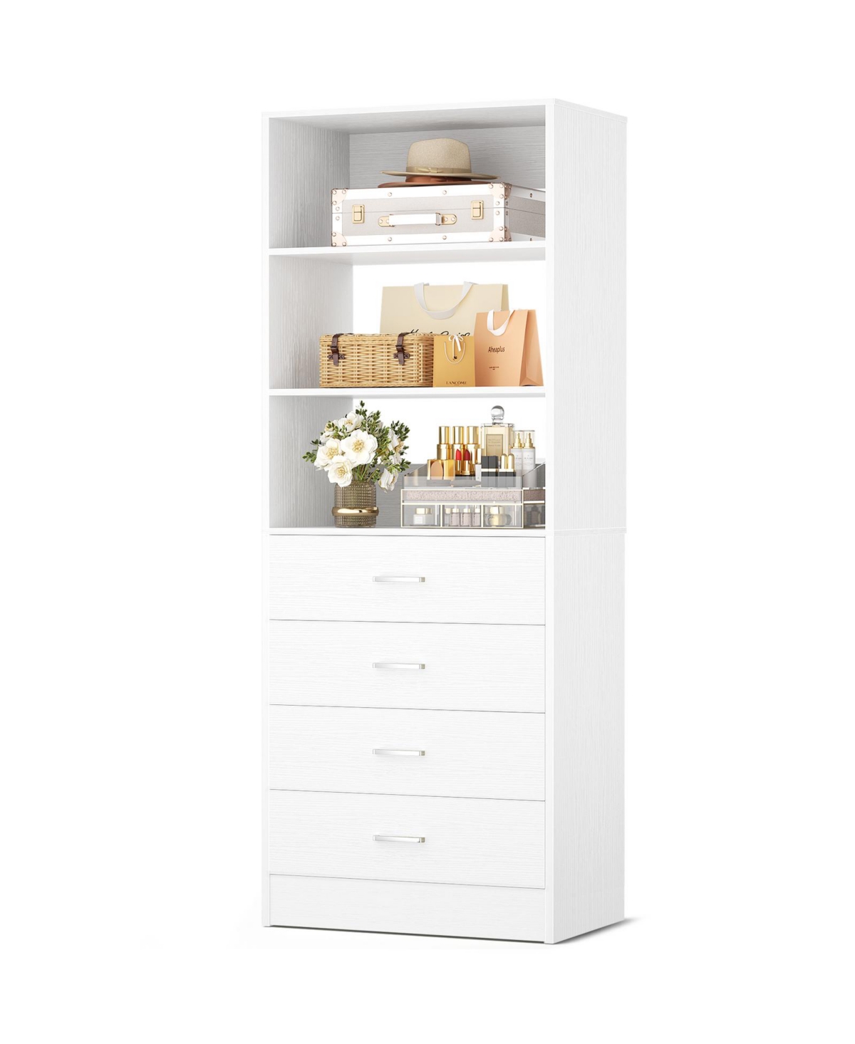 Aheaplus 21.3 Inch Wood Storage Cabinet with 4 Drawers and Shelves Closet Drawers System - White