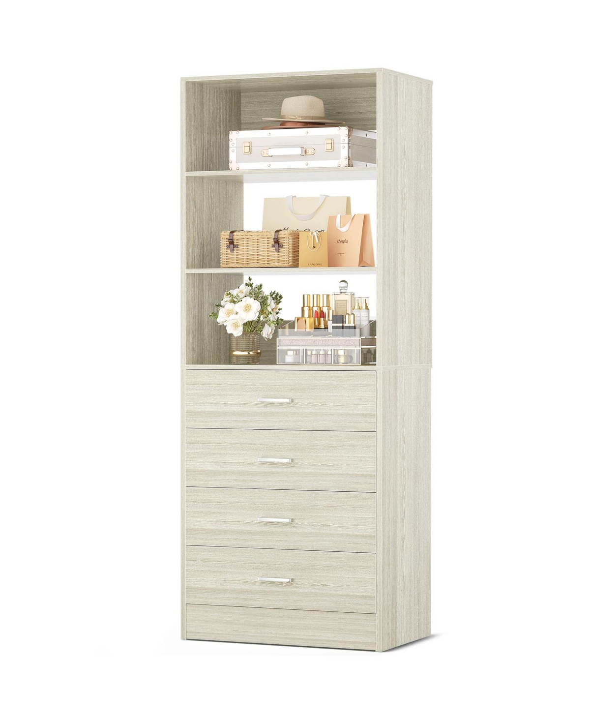 Aheaplus 21.3 Inch Wood Storage Cabinet with 4 Drawers and Shelves Closet Drawers System - Beige oak