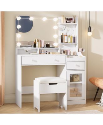 Vanity Table with Charging Station, Cute Vanity with Comfortable Bench