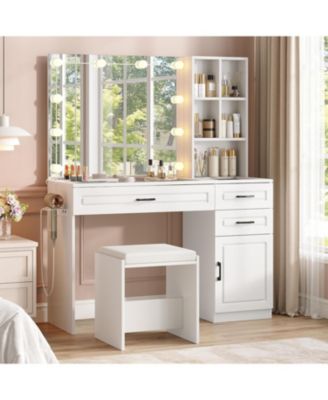 Vanity Desk Set with Lights and Mirror, Glass Top Vanity Table with 3 Lighting Modes, With Charging