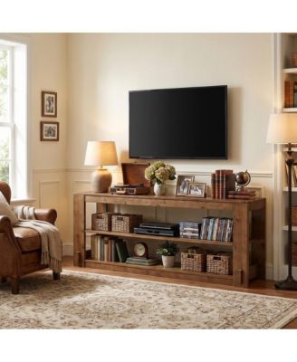 Farmhouse Solid Wood TV Stand 63 Inch Rustic Media Console with Double Storage Shelves