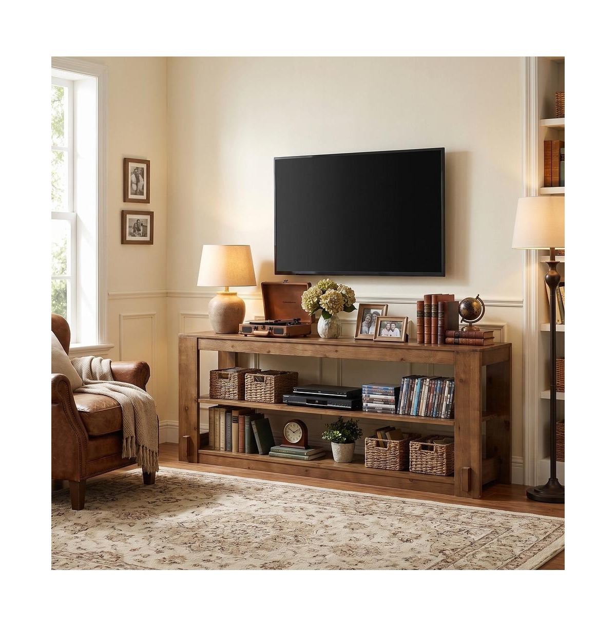 Tribesigns Farmhouse Solid Wood Tv Stand 63 Inch Rustic Media Console with Double Storage Shelves - Brown