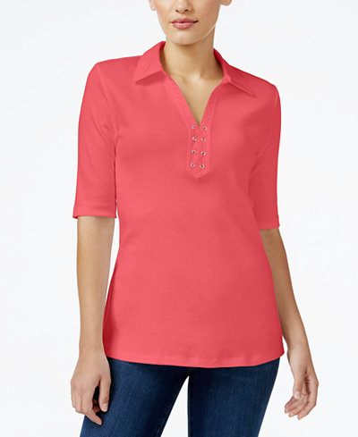 Karen Scott Elbow-Sleeve Lace-Up Top, Only at Macy's
