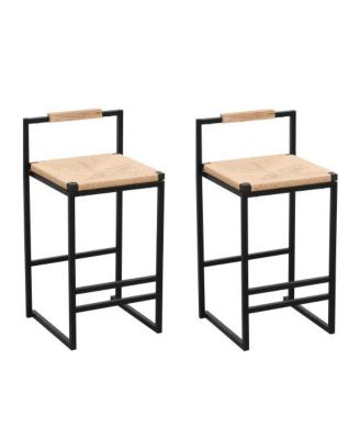 Set of 2 Bar Stools with Back Paper Rope Woven Counter Height Dining Chairs for Kitchen, Home