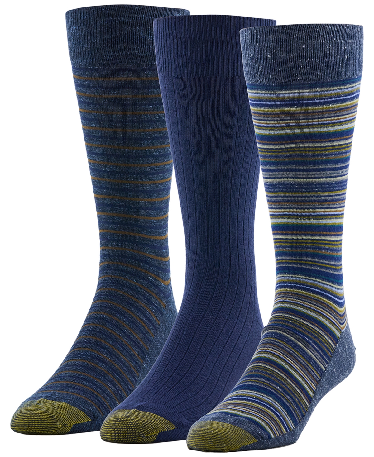Gold Toe Men's Frankie Stripe Ribbed-Cuff Crew Socks, 3-Pack - Stripe storm blue, rib peacoat, simple s