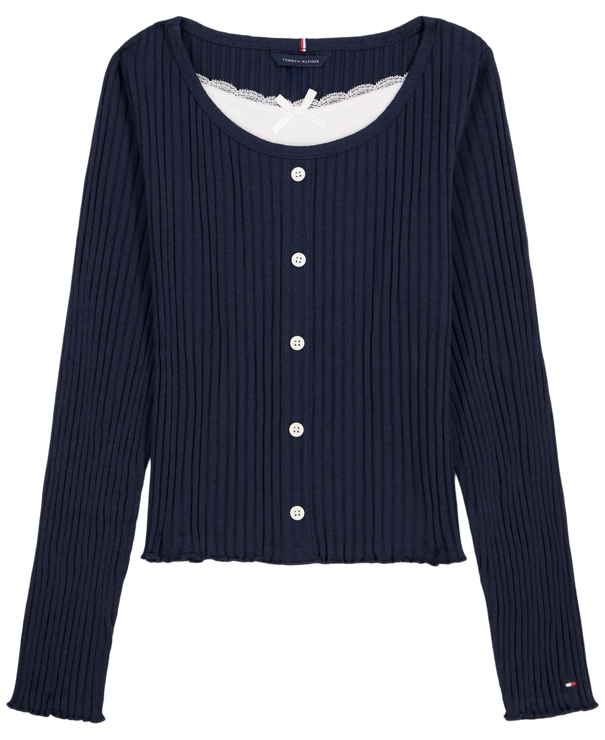 Tommy Hilfiger Girls' 7-16 Fooler Long-Sleeve Lace-Trim Ribbed Top - Navy Blazer