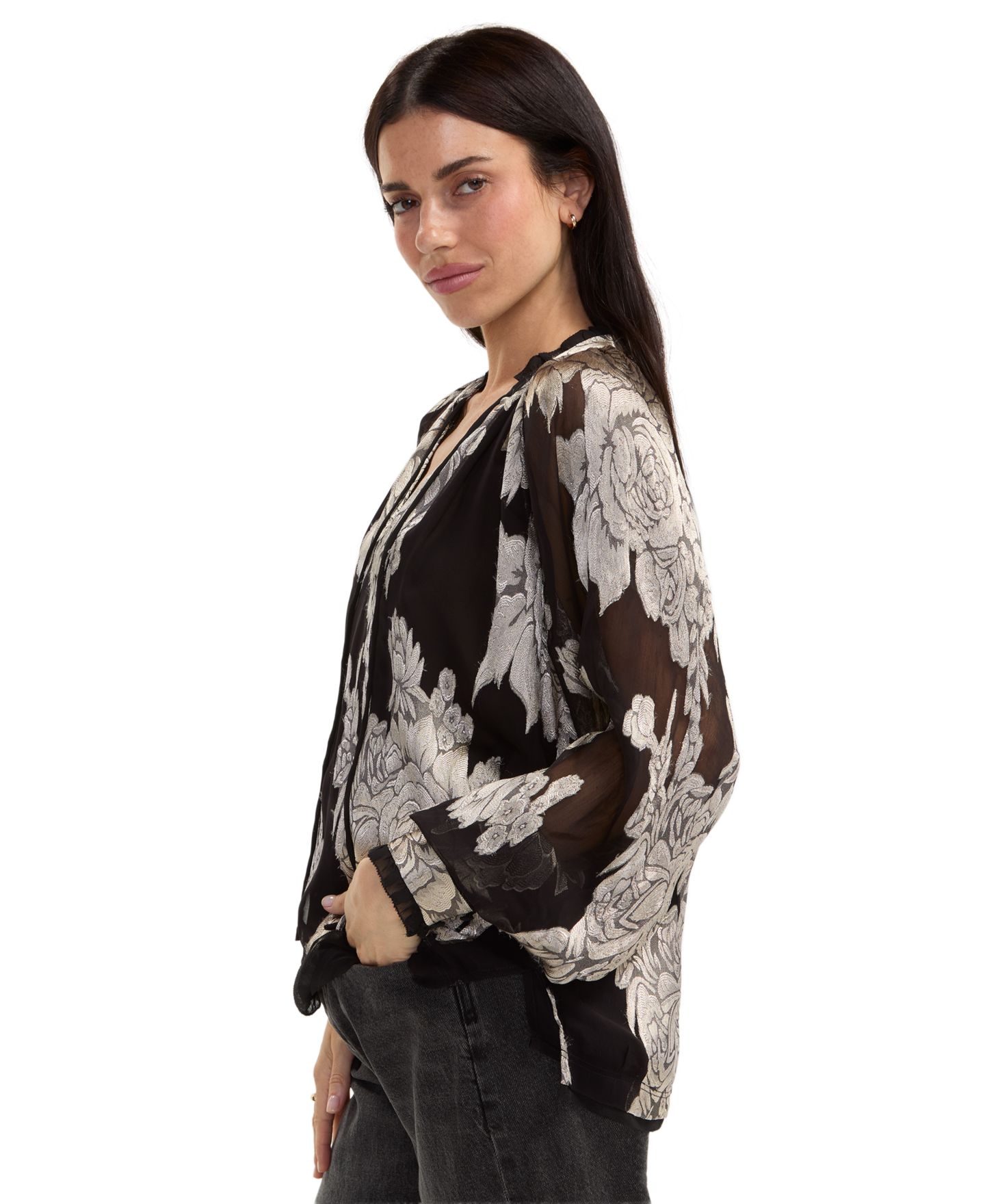 Женская блузка Liverpool Los Angeles Floral-Print Long-Sleeve V-Neck Tie-Front, цвет: Чёрный разноцветный — фото 3