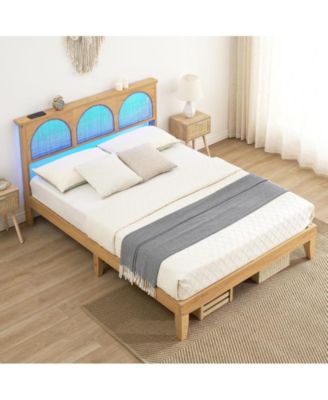 Full Size Metal Bed Frame with Natural Rattan Headboard and Storage, Platform Bed Frame