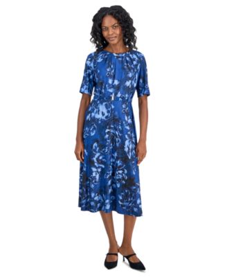 Petite Pleat-Neck Belted Short-Sleeve Dress