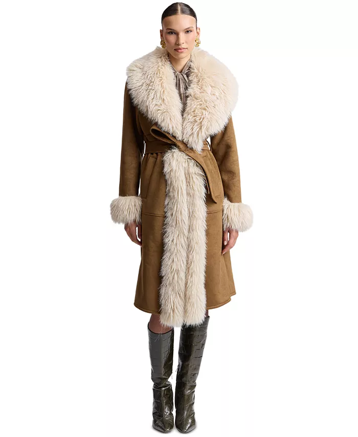 Women's Faux-Fur-Shawl-Collar Faux-Shearling Coat