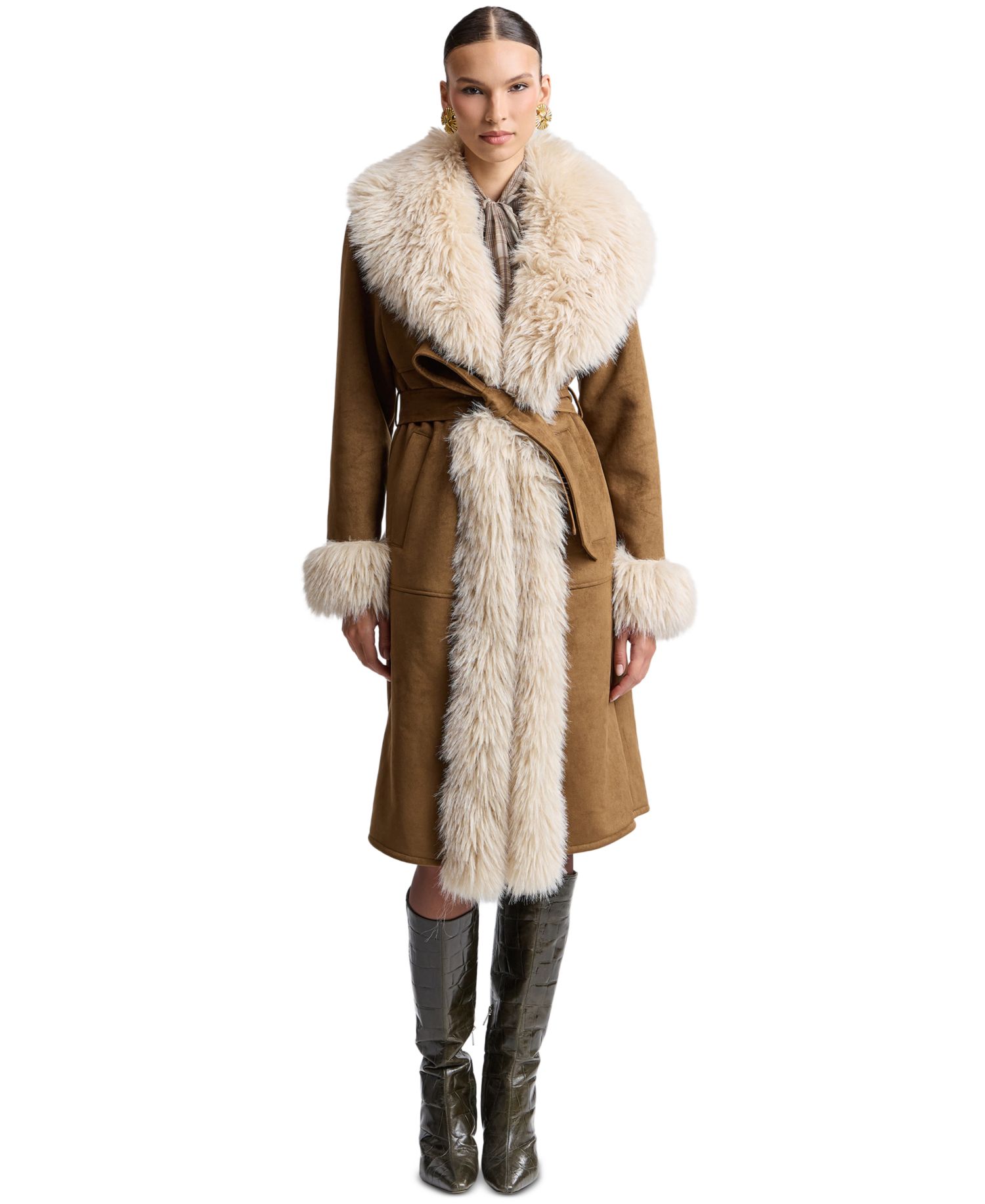 Women's Faux-Fur-Shawl-Collar Faux-Shearling Coat
