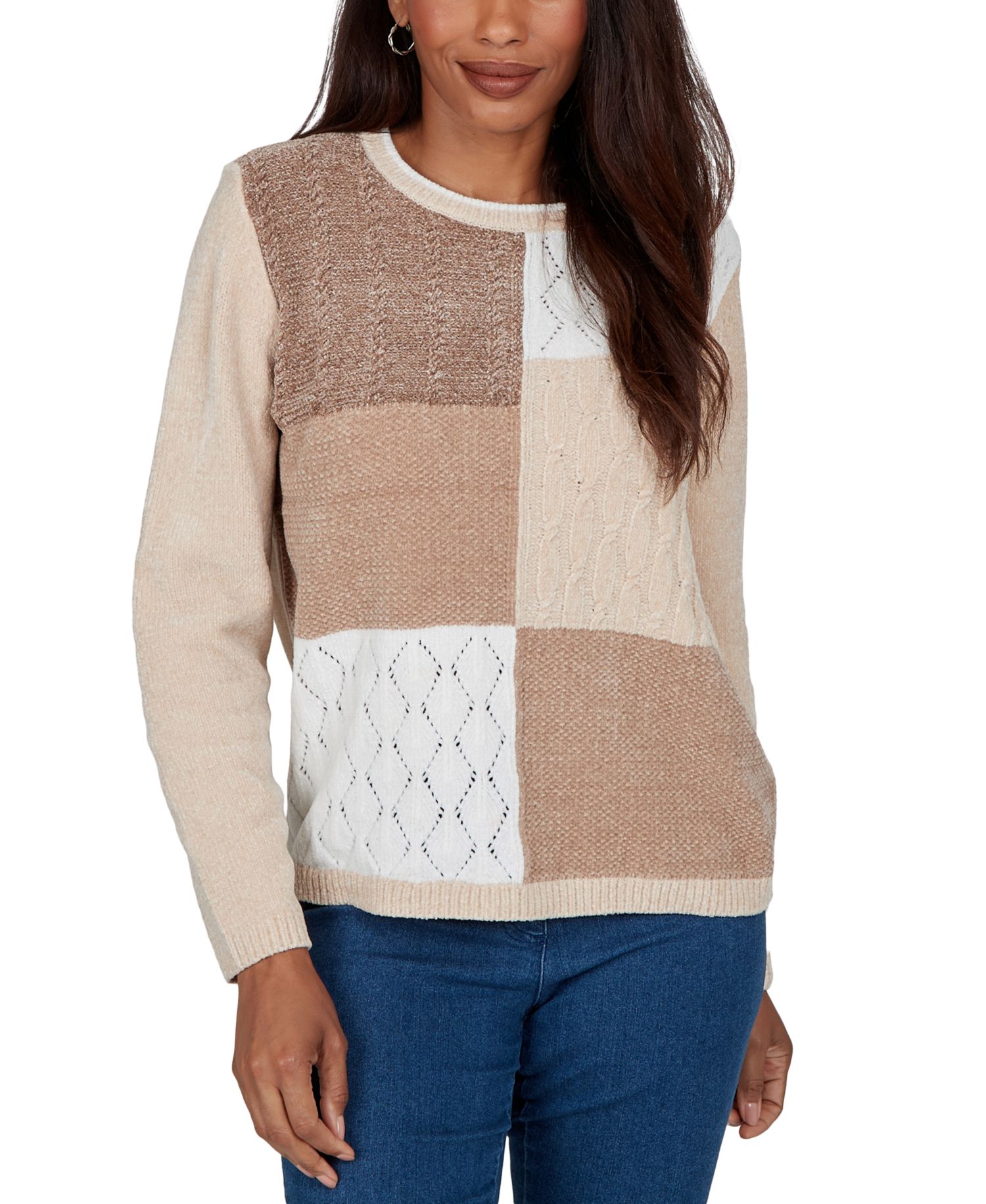 Women's Sweatr Cable-Knit Colorblock Crewneck Long-Sleeve Pullover