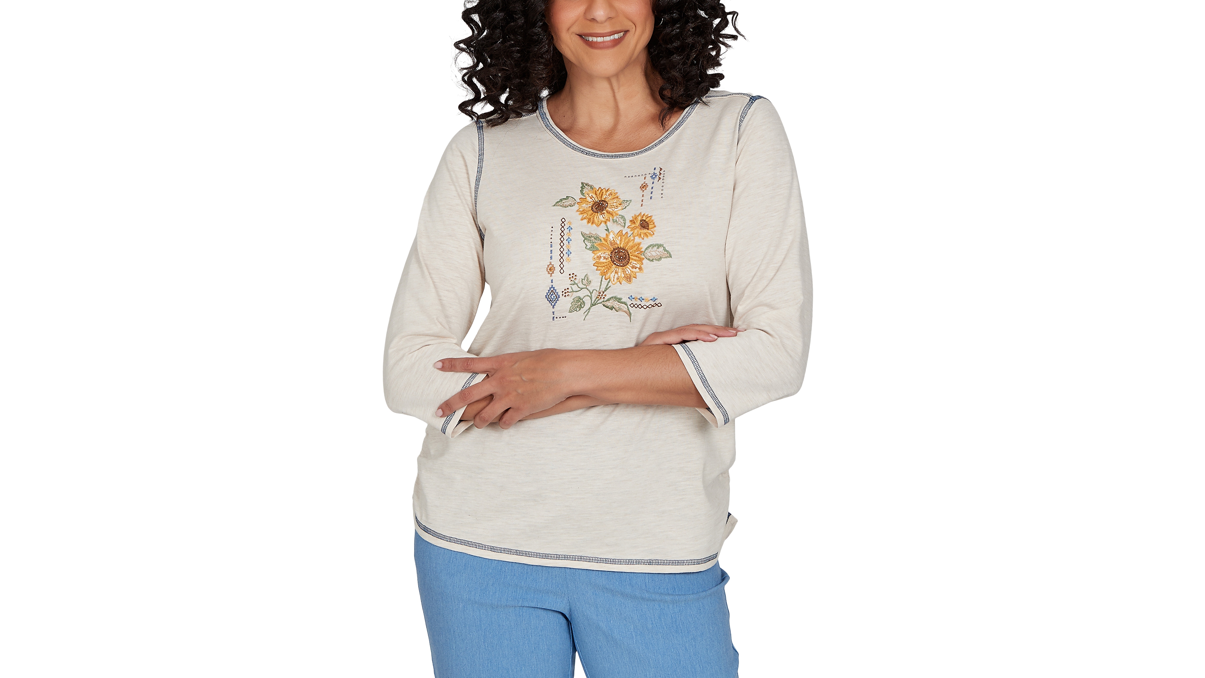 Alfred Dunner Petite Sunflower-Embroidery Crewneck 3/4-Sleeve Cotton-Blend T-Shirt