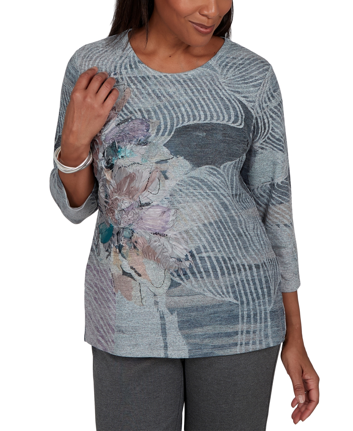 Alfred Dunner Petite Crewneck 3/4-Sleeve Floral-Print T-Shirt