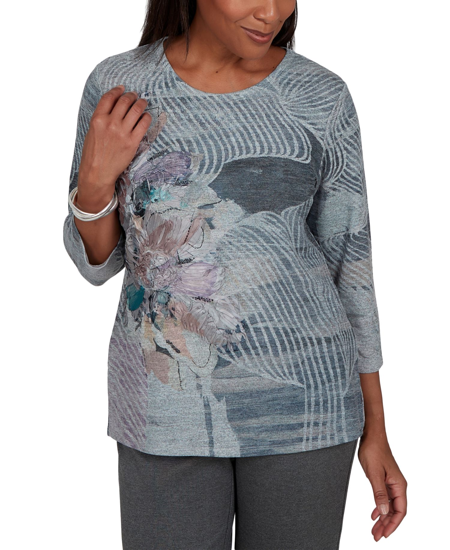 Petite Crewneck 3/4-Sleeve Floral-Print T-Shirt