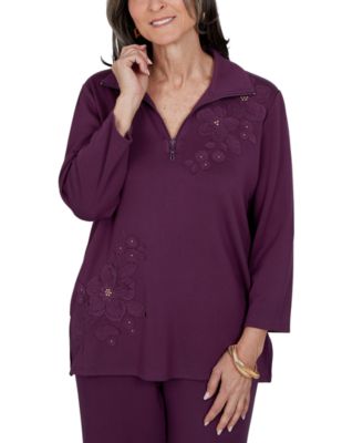 Women's 3/4-Sleeve Collared Floral Applique Knit Top