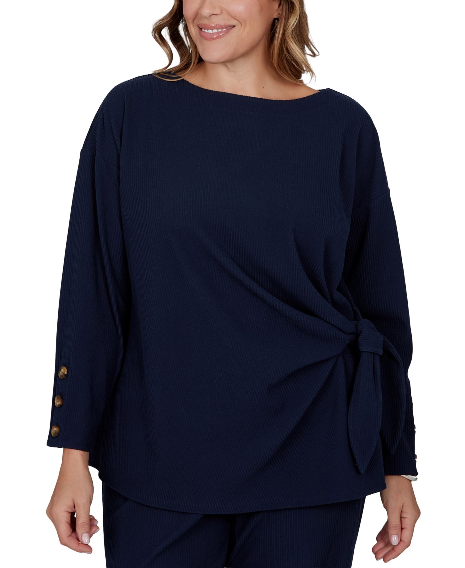 Plus Size Boat-Neck Long-Sleeve Side-Tie Top