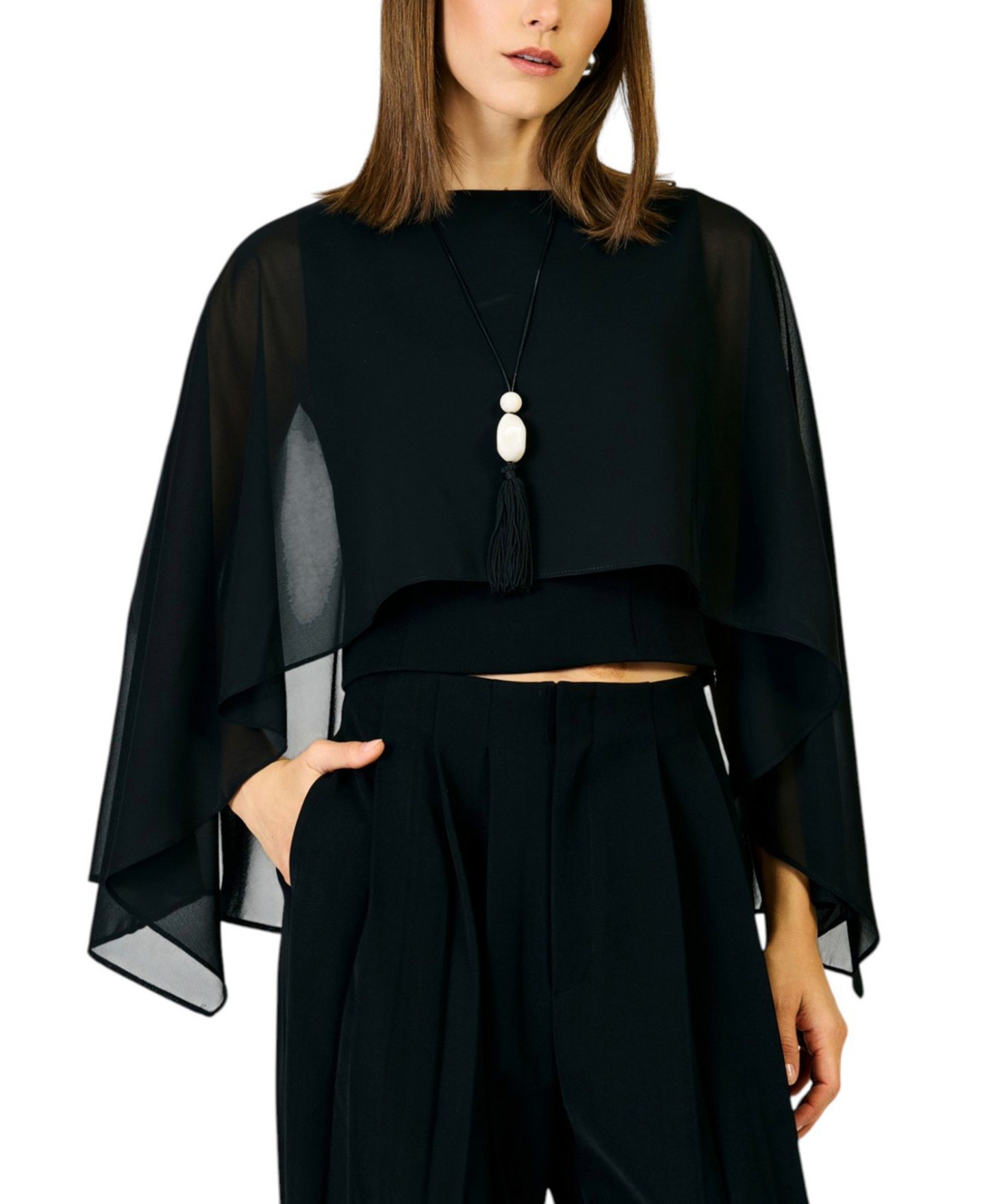 Женский топ Line & Dot Cici High-Neck Sheer Cape Crop, цвет: Чёрный — фото 1