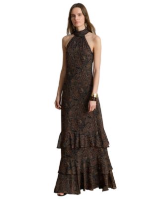Women's Paisley Georgette Tiered Mockneck Gown