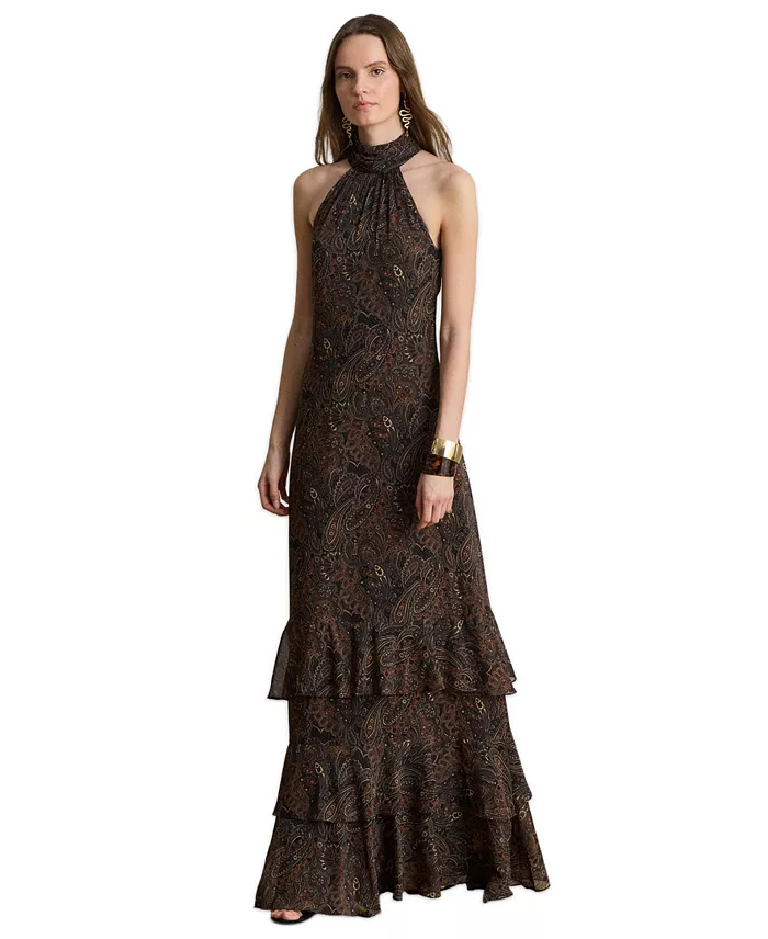 Women's Paisley Georgette Tiered Mockneck Gown