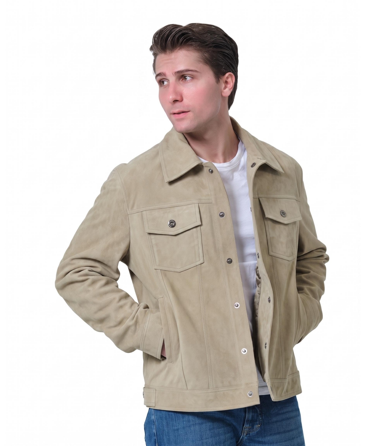 Furniq Uk Men's Enzo Premium British Suede Lightweight Snap-Front Shirt Jacket - Sage green