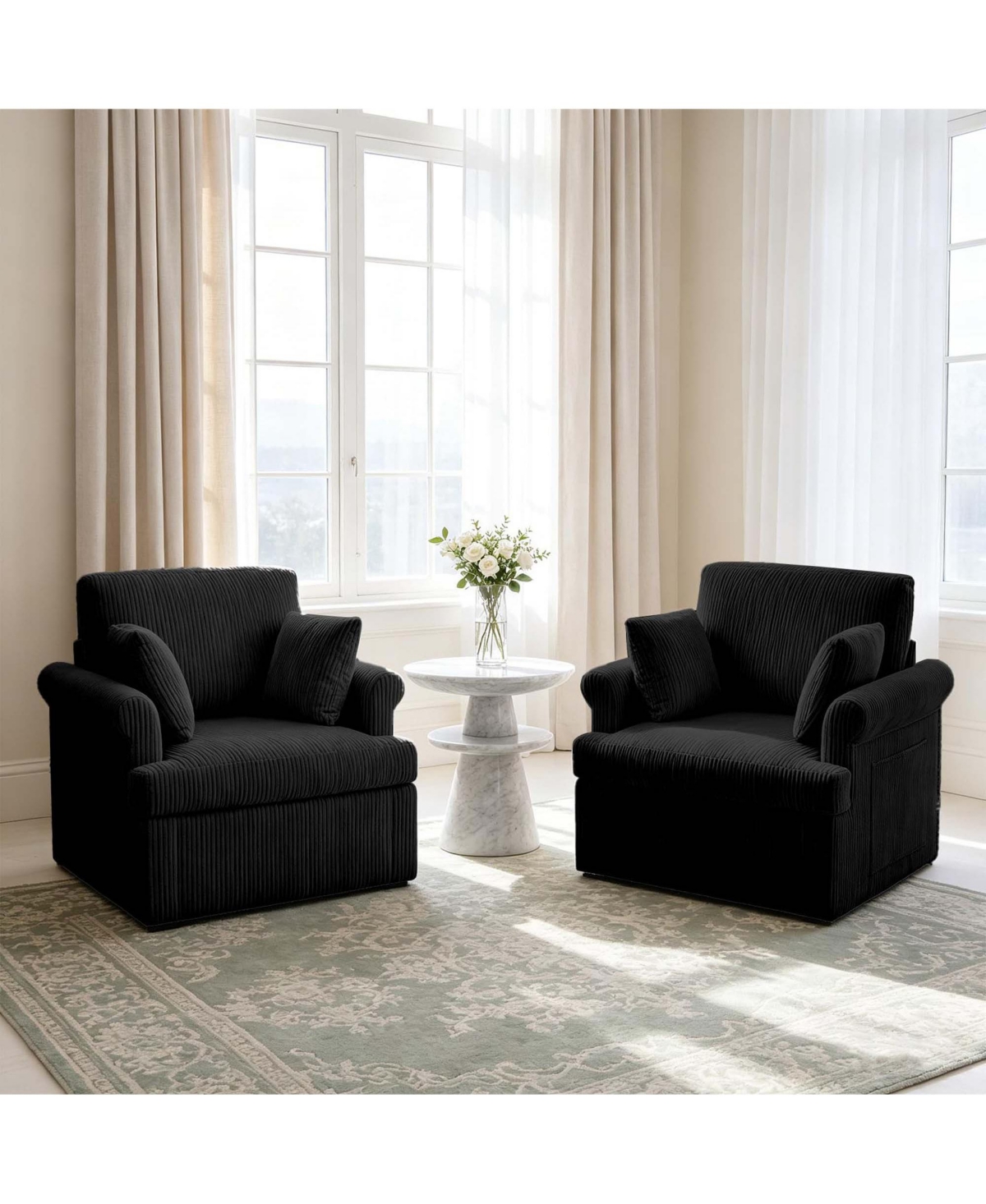 homfan 39" Modern 360degree(s) Swivel Corduroy Accent Chair, 2-Pack Black Round Armchair with 2 Pillows for Living Room Bedroom Office