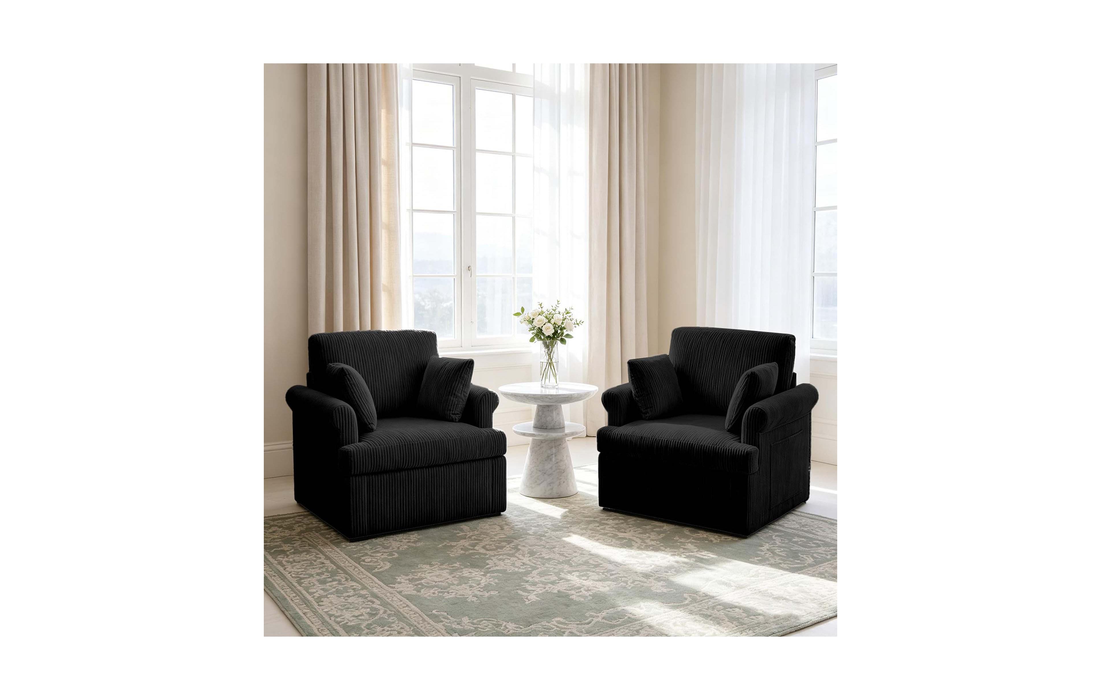 homfan 39" Modern 360degree(s) Swivel Corduroy Accent Chair, 2-Pack Black Round Armchair with 2 Pillows for Living Room Bedroom Office