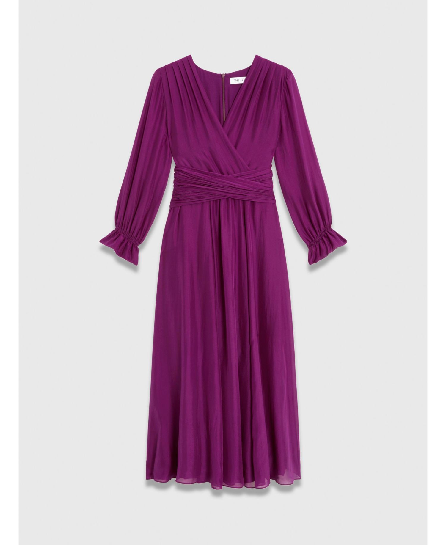 Women's Sculpted Silk Long-Sleeve V-Neck Ruched-Waist Wrap Midi Dress