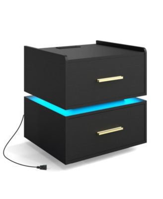 LED Nightstand with Charging Station 2 Storage Drawers and Semi-Floating Metal Base