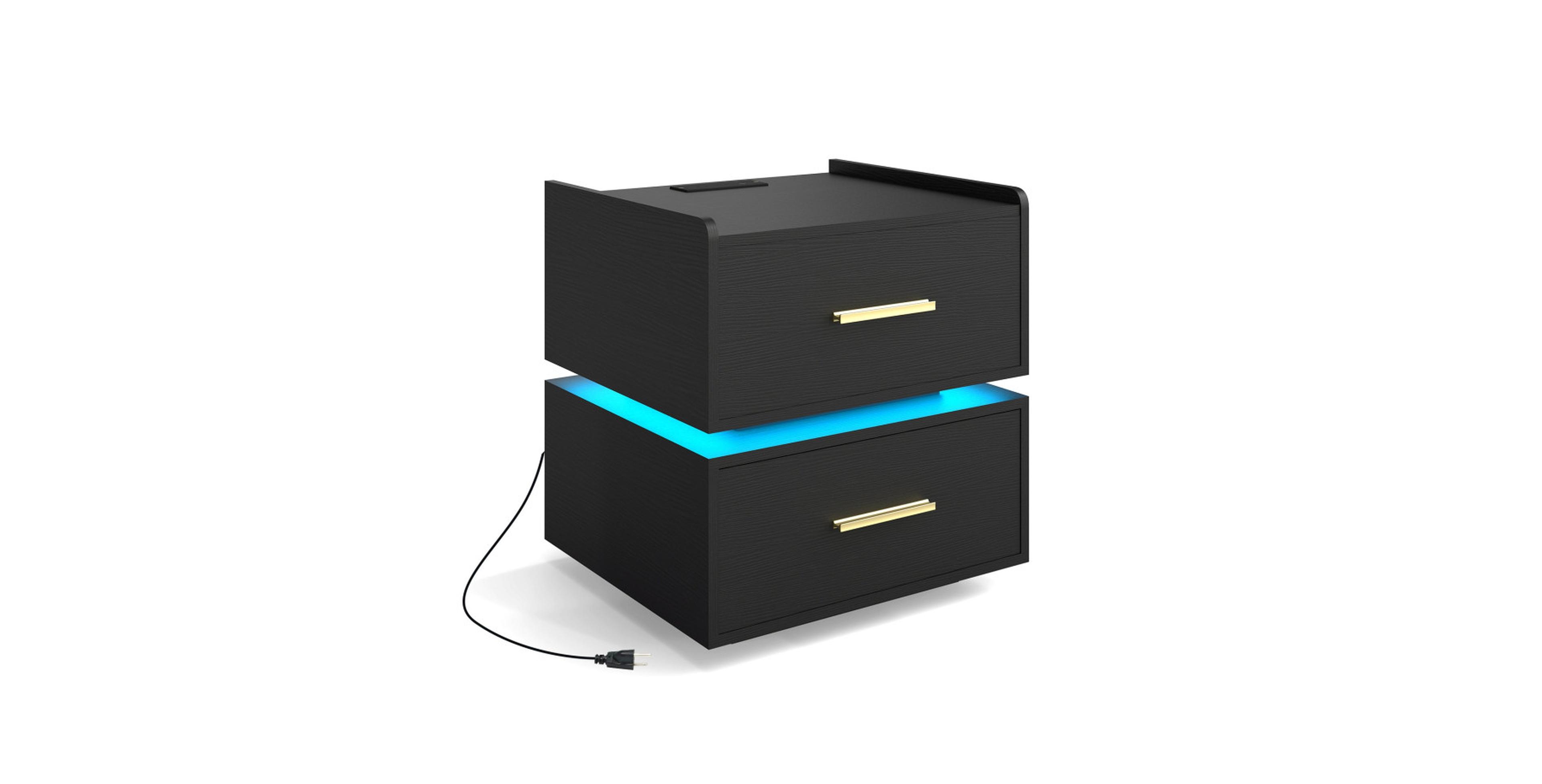 Gouun Led Nightstand with Charging Station 2 Storage Drawers and Semi-Floating Metal Base