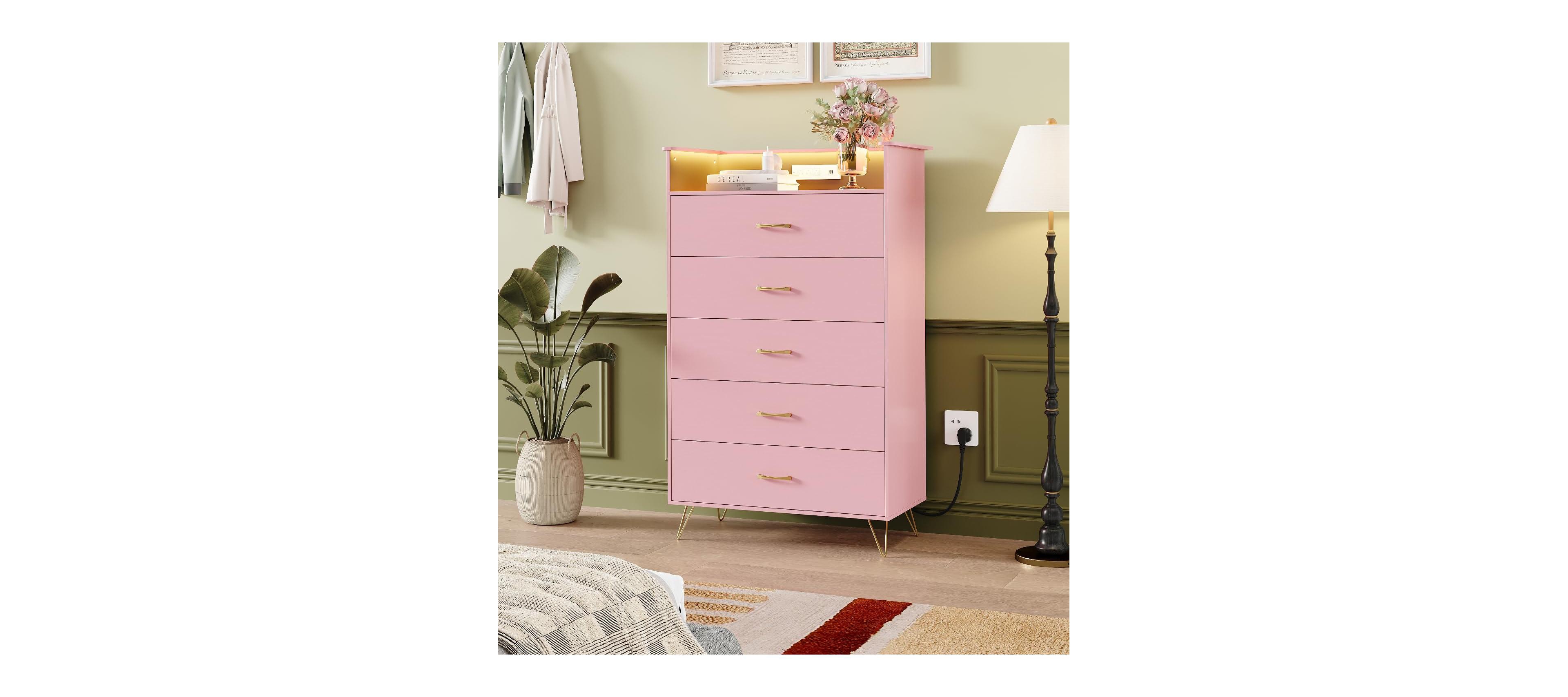 homfan Tall Dressers For Bedroom With Led Lighting and Charging Station, 5 Drawers, Deep Nightstand For Closet, Living Room Hallway, Entryway