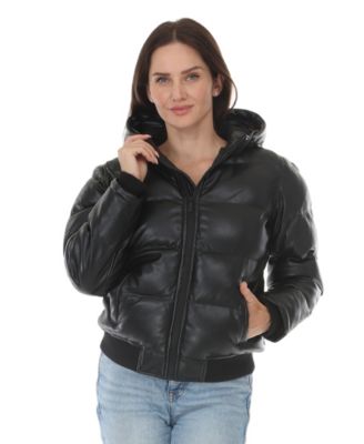 Women's Puffer Hooded Faux Leather Jacket