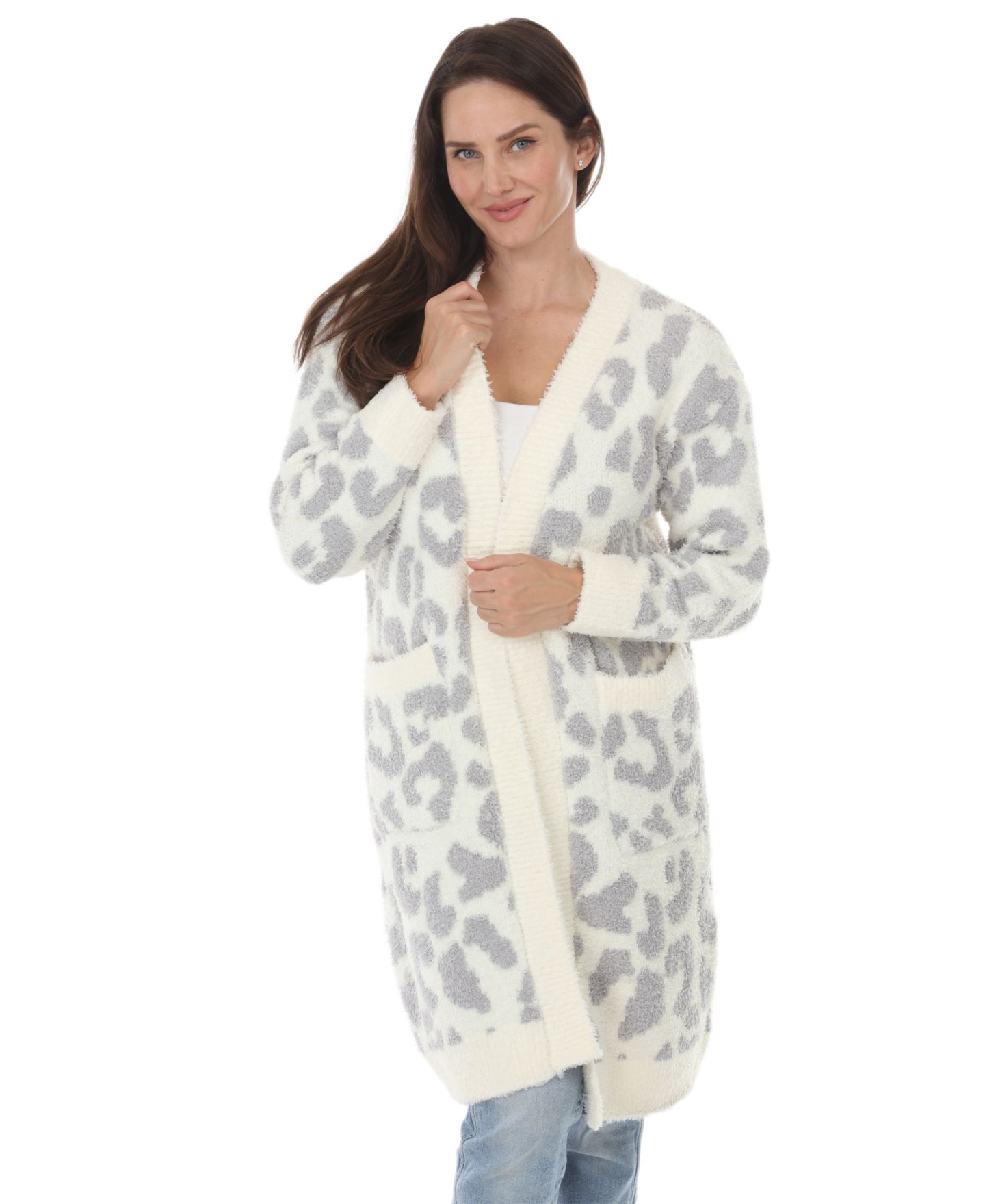 Женский кардиган White Mark Leopard-Print Sherpa Open-Front, цвет: Бежевый — фото 4