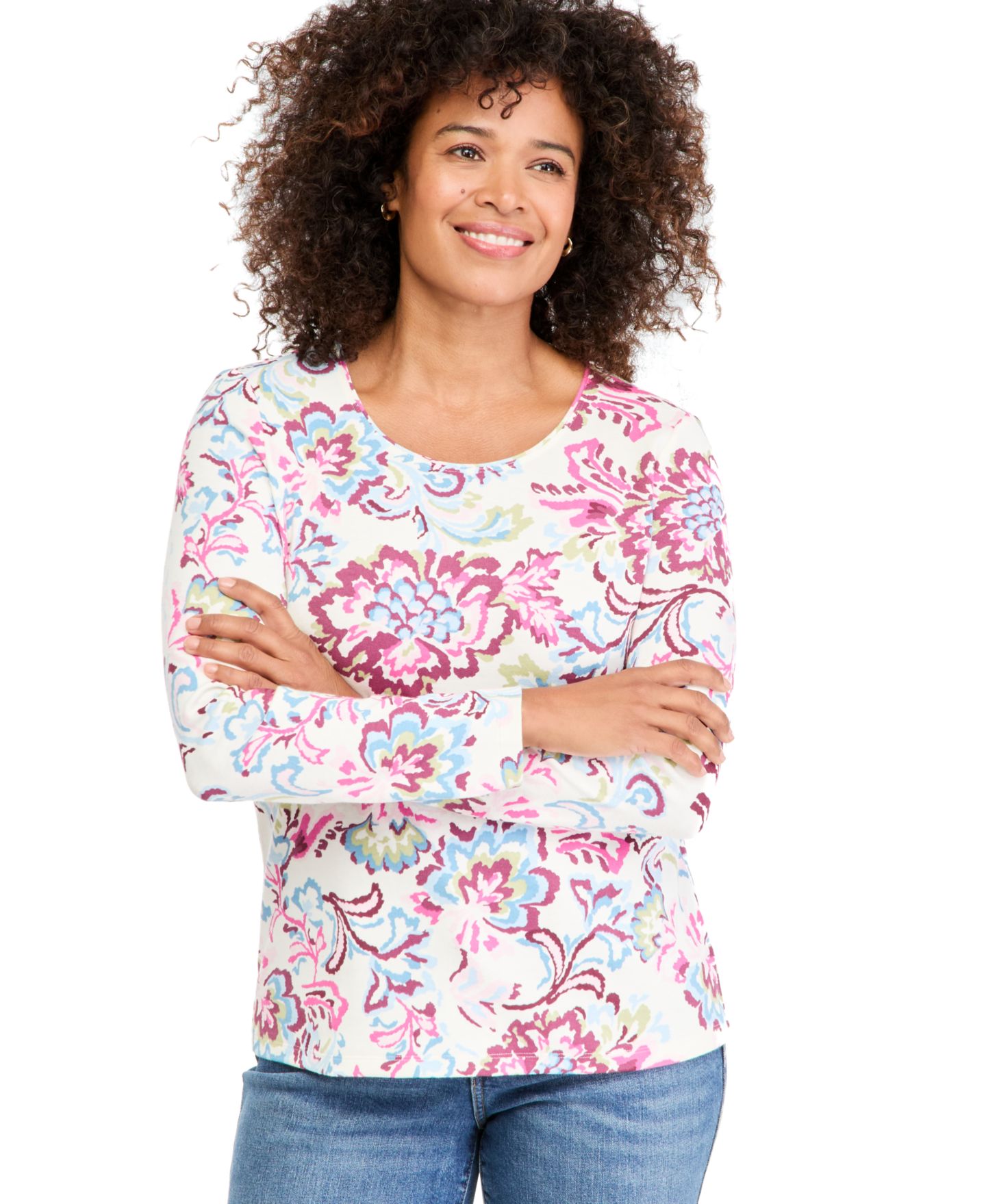 Женский топ Style & Co Printed Long-Sleeve Scoop Neck, цвет: Ванильный — фото 1