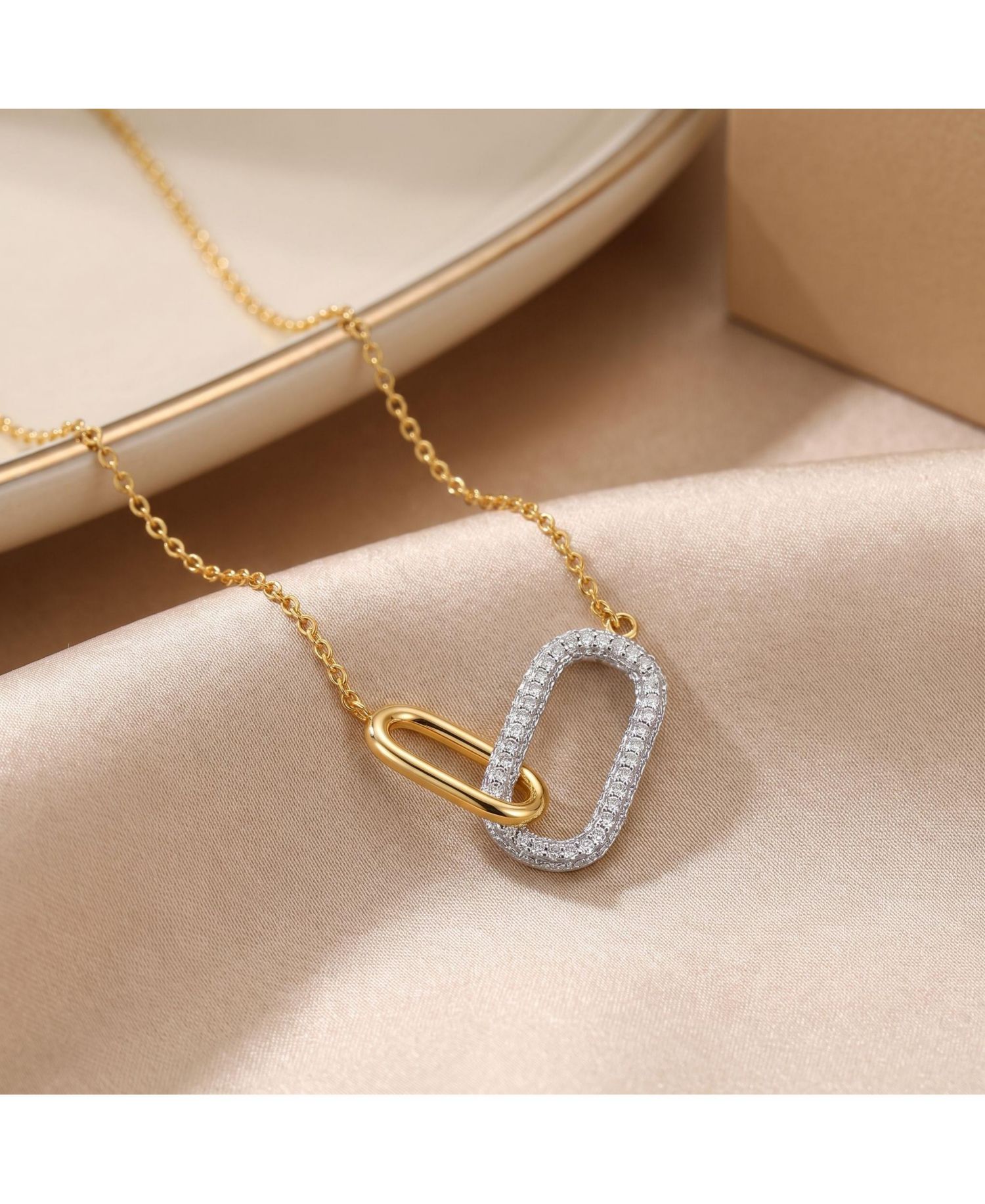 Radiant CZ Two-Tone Texture Interlocking Links Necklace