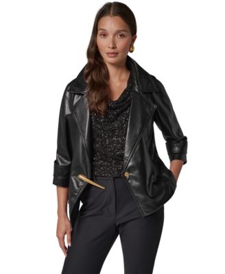 Women's Faux Leather 3/4 Sleeve Gold-Tone Bar Hardware Jacket