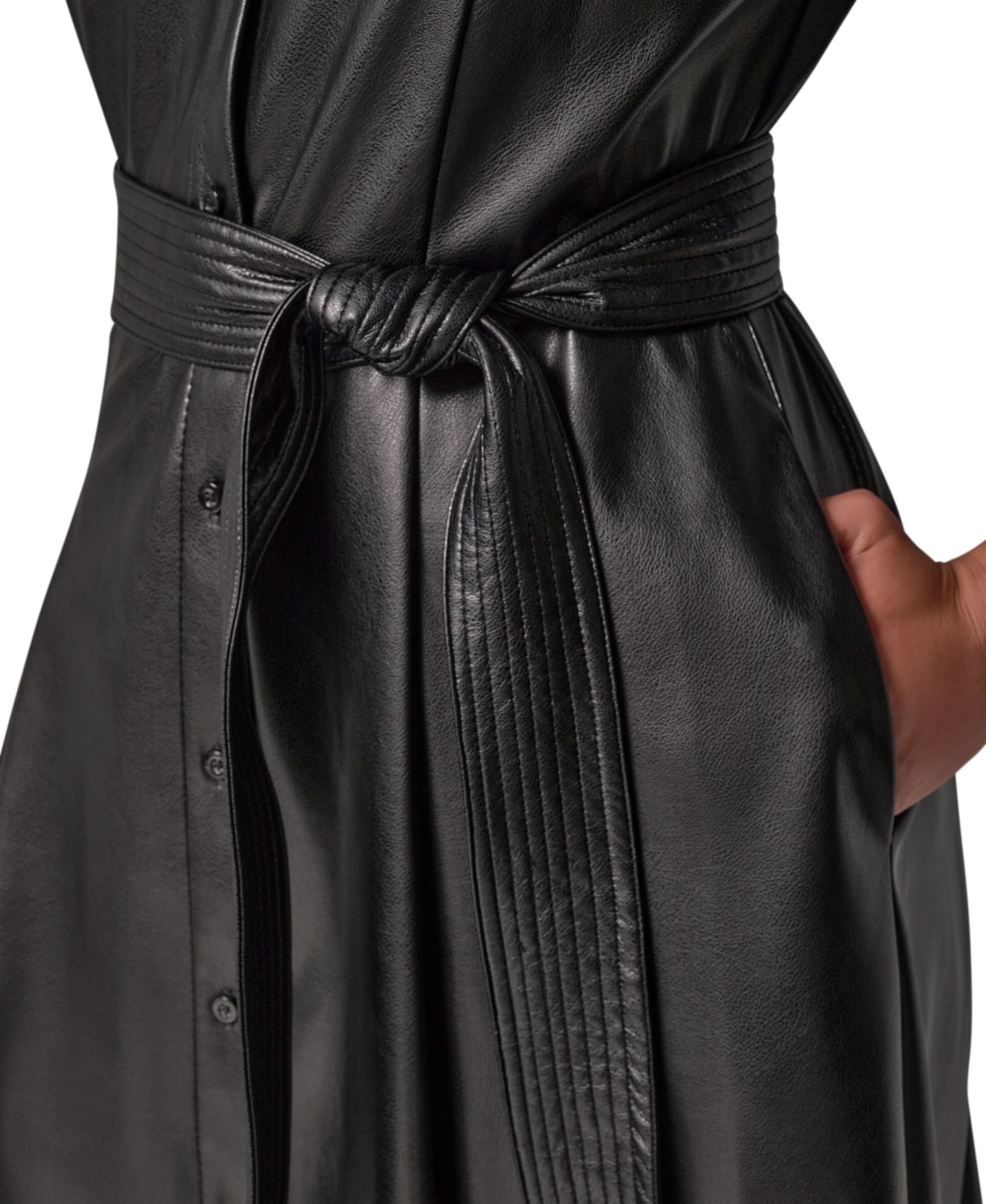 Женское платье Donna Karan New York Faux Leather Belted Fitted Shirt Dress, цвет: Чёрный — фото 9