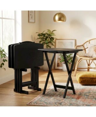 5-PC Folding TV Tray Table Set, Black Tables, Solid Wood Storage Rack