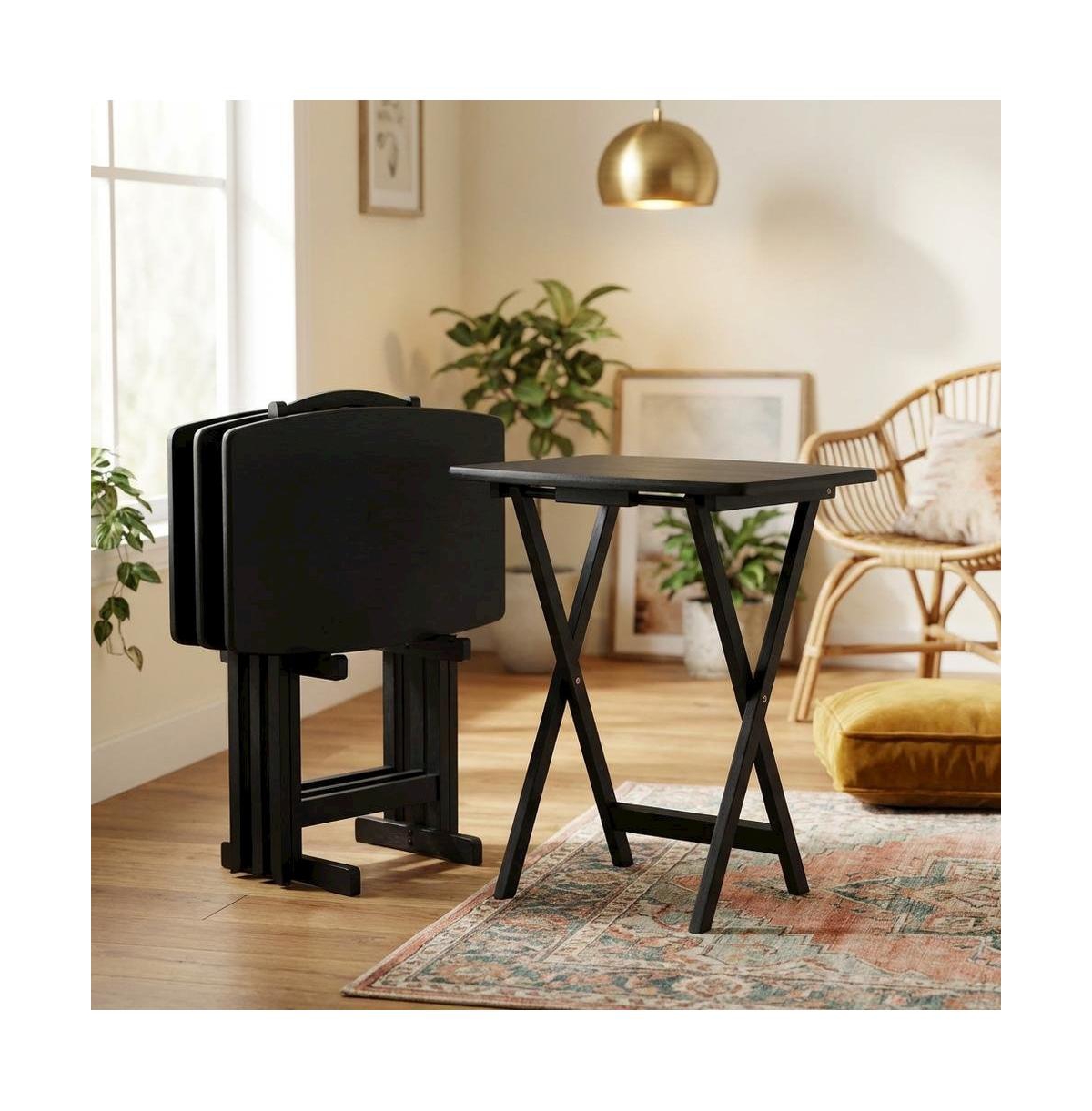 FurniFact 5-pc Folding Tv Tray Table Set, Black Tables, Solid Wood Storage Rack
