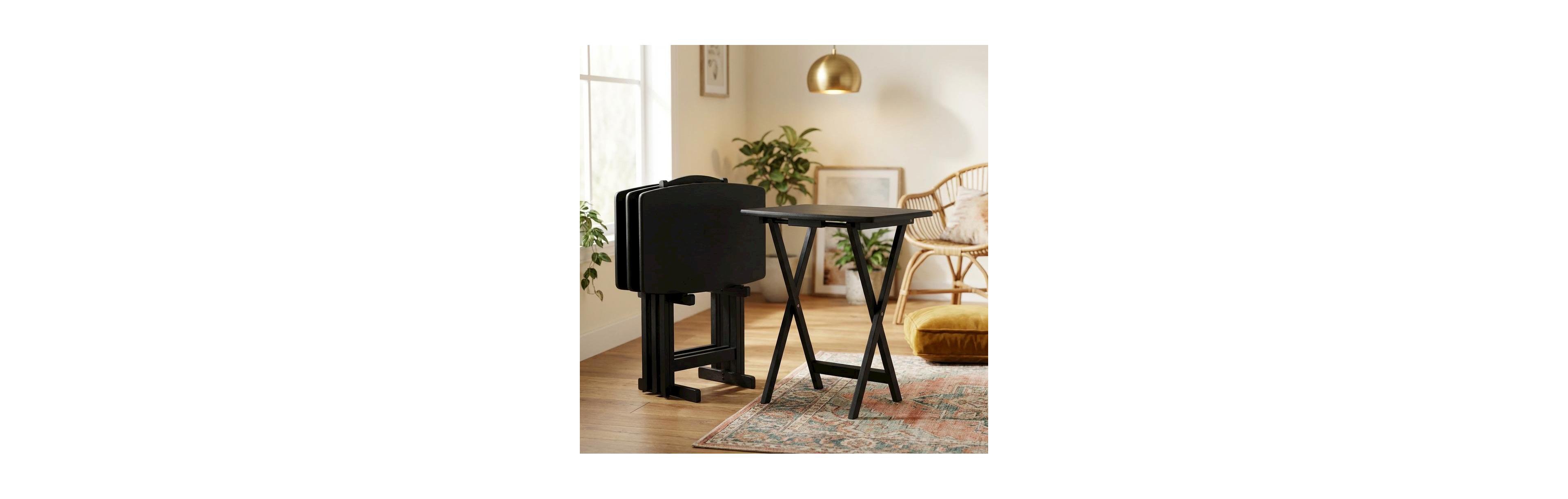 Furnifact 5-pc Folding Tv Tray Table Set, Black Tables, Solid Wood Storage Rack