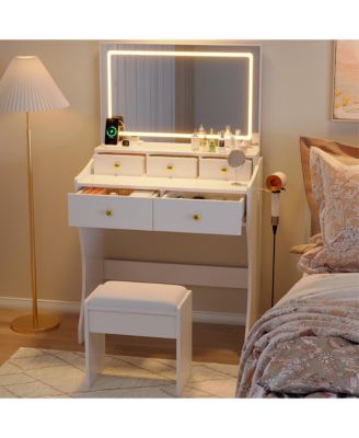 LED Makeup Vanity Desk with Mirror and Chair, Dressing Table Featuring Power Outlet, Hair Dryer Holder and 5 Drawers, Vanity Table