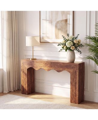 63" Entryway Console Table With Wooden Texture, Unique Wave Edge Design, Sturdy Square Base, Water Resistant Farmhouse Hall Table