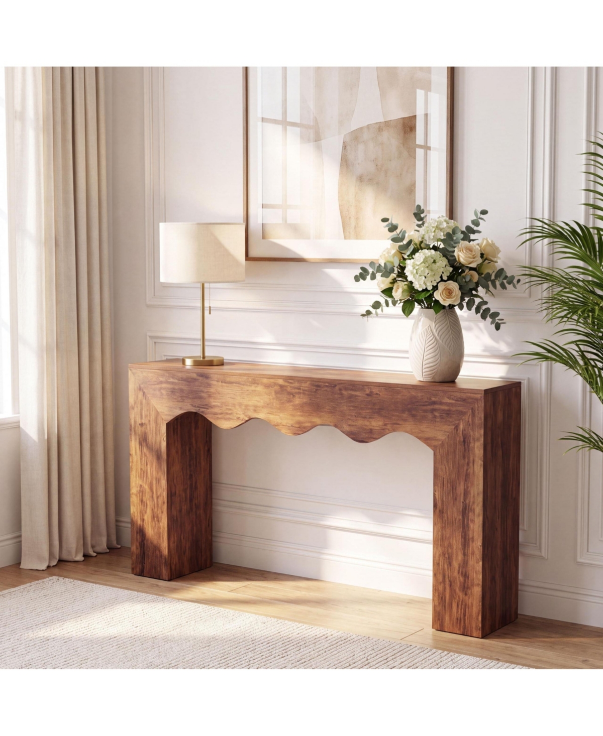 Gaomon 63" Entryway Console Table With Wooden Texture, Unique Wave Edge Design, Sturdy Square Base, Water Resistant Farmhouse Hall