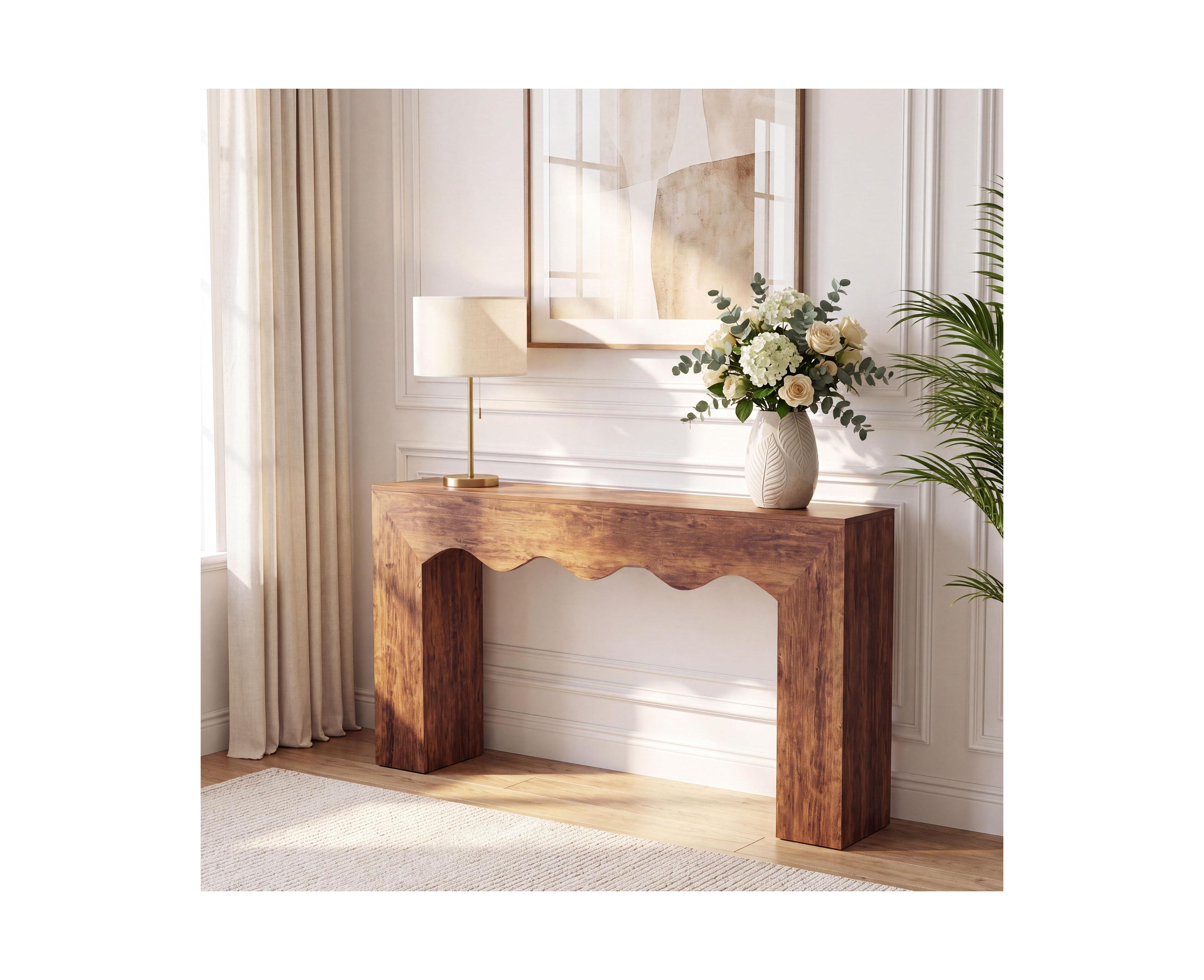 Gaomon 63" Entryway Console Table With Wooden Texture, Unique Wave Edge Design, Sturdy Square Base, Water Resistant Farmhouse Hall