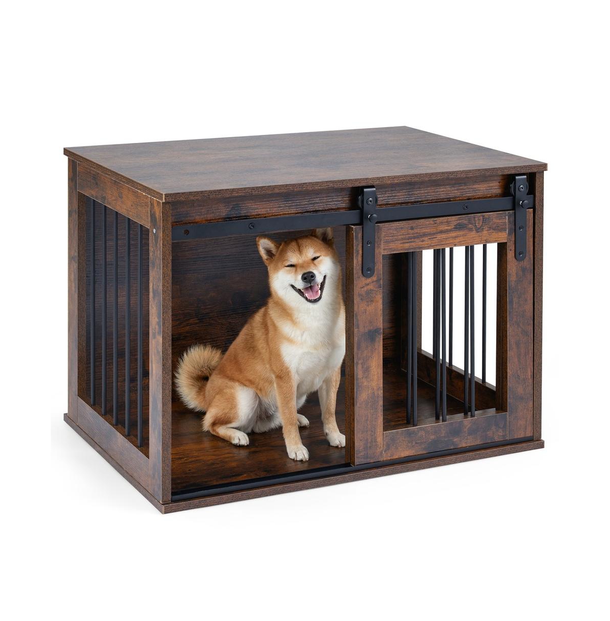 Ruie Dog Crate Furniture End Table with Sliding Barn Door for Small Dogs