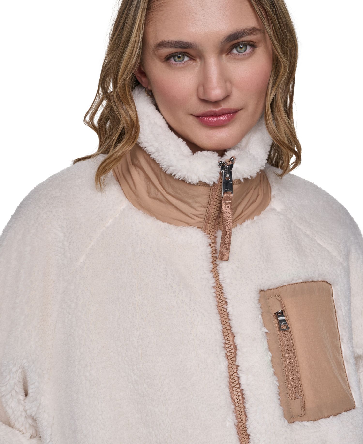 Women's Mock Neck Sherpa Jacket with Woven Piecing