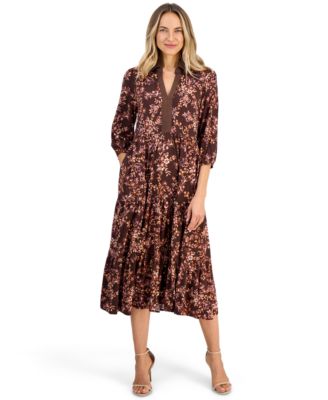Petite Tiered Floral-Print 3/4-Sleeve Dress