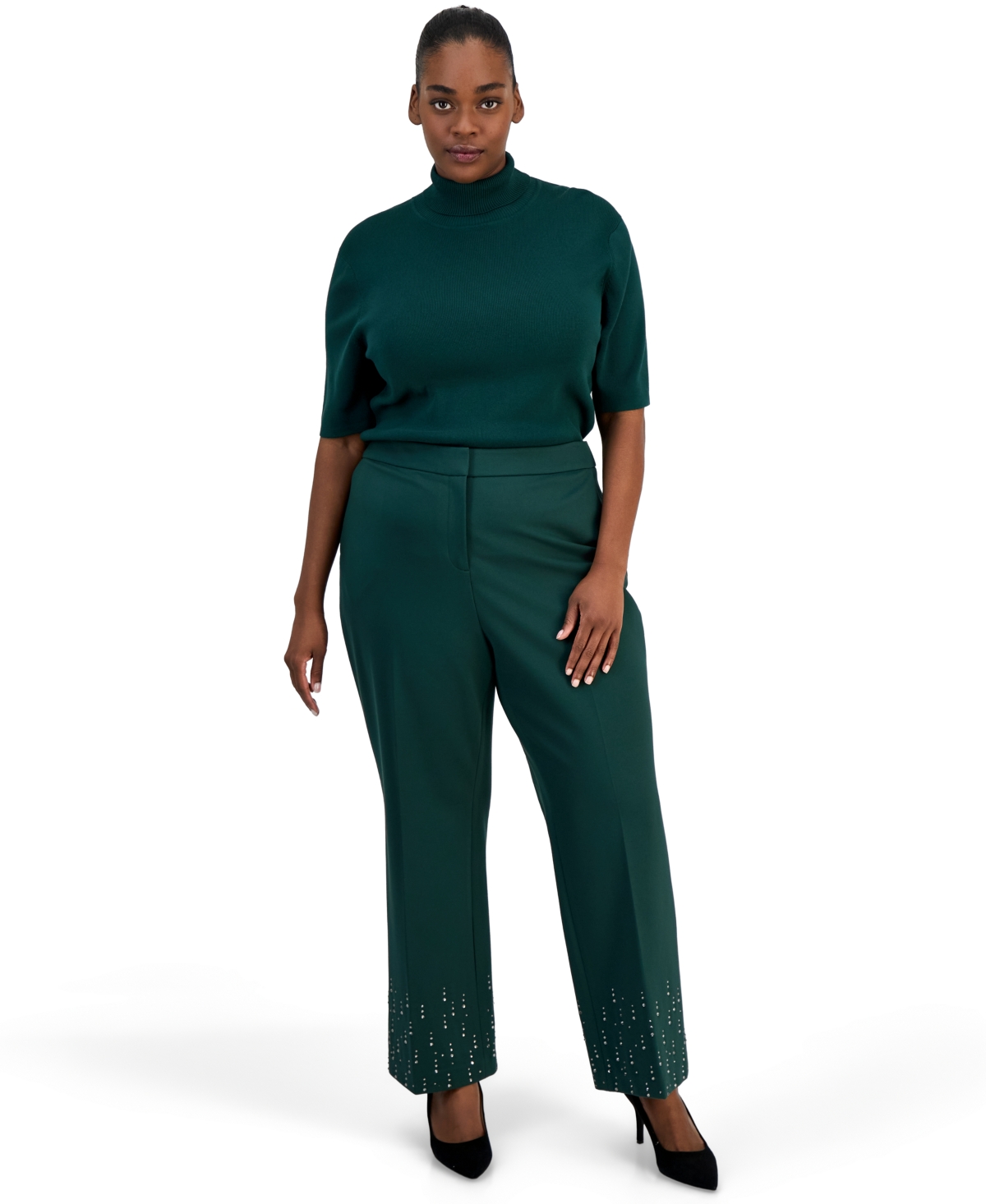 Anne Klein Plus Size Embellished Ankle Flare Pants - Pine Forest