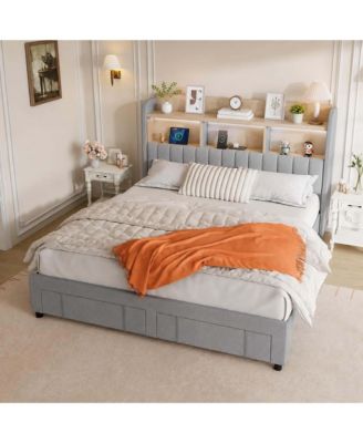 King Size Upholstered Bed Frame with 2 Drawers LED Lights Storage Headboard Charging Station No Box Spring for Bedroom