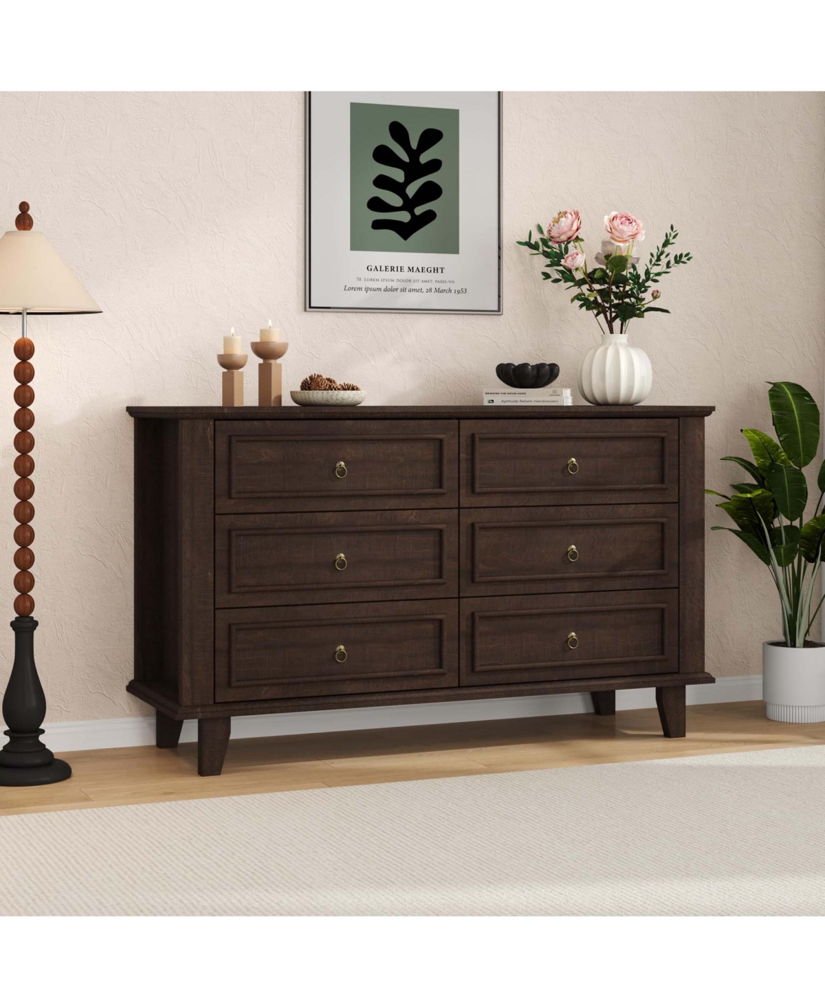 homfan 6-Drawer Dresser 47.2 Inch Wide Retro Wood Storage Chest with Metal Handles Anti-Tip for Bedroom Entryway Living Room